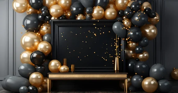 festive-blank-frame-with-black-gold-balloons-decoration-interior-room